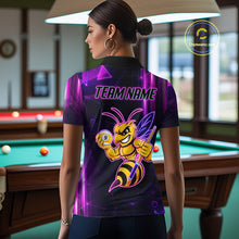 Load image into Gallery viewer, Back view of woman wearing a neon funny bee 9 ball billiard team jersey, custom pool tournament shirt.