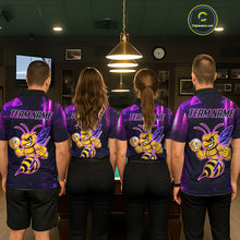 Load image into Gallery viewer, Back view of pool players wearing matching neon funny bee 9 ball billiard team shirts and custom pool jerseys.