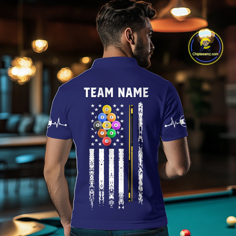 Customized Navy Blue American Flag Billiard Shirt For Men, 9 Ball Pool Team Jersey Polo & 1/4 Zip TDM6587