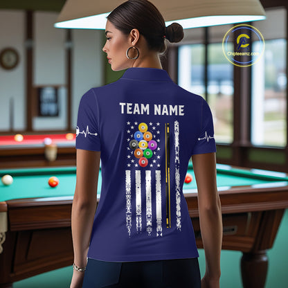 Customized Navy Blue American Flag Billiard Shirt For Women, 9 Ball Pool Team Jersey Polo & 1/4 Zip TDM6587