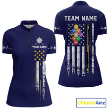 Load image into Gallery viewer, Customized Navy Blue American Flag Billiard Shirt For Women, 9 Ball Pool Team Jersey Polo &amp; 1/4 Zip TDM6587