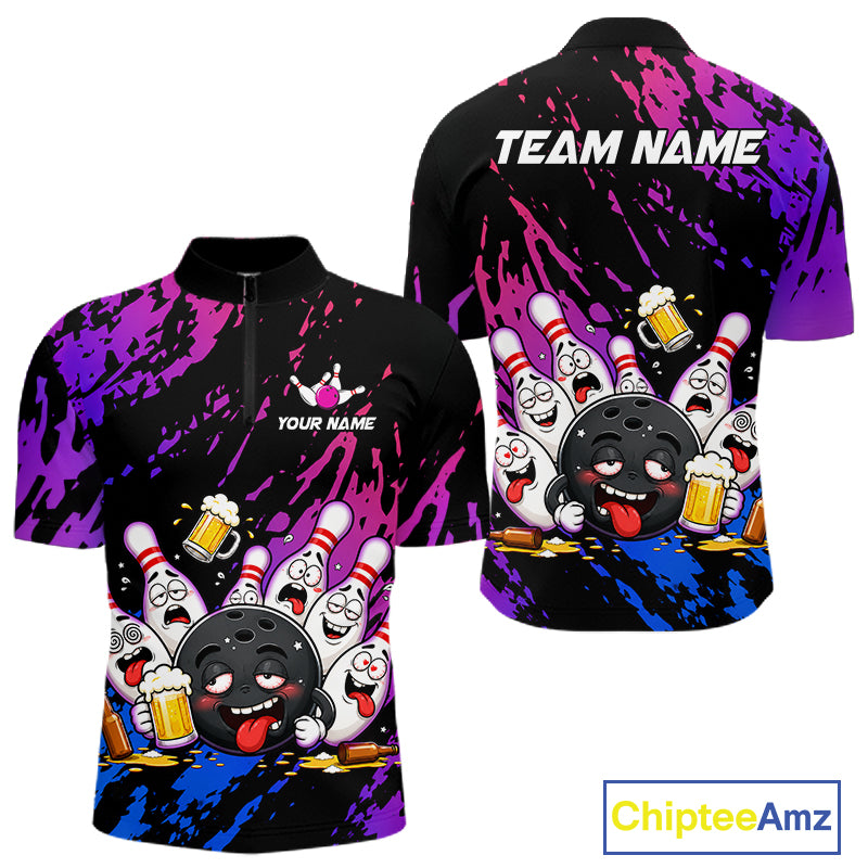 Custom Blue Purple Drunk Bowling Balls And Pins Funny Bowling Shirts For Men, Beer Bowling Jersey TDM6596