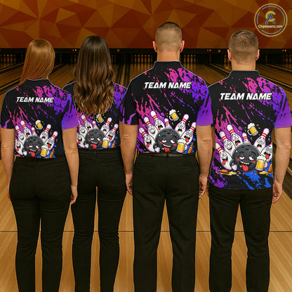 Custom Blue Purple Drunk Bowling Balls And Pins Funny Bowling Shirts For Men, Beer Bowling Jersey TDM6596