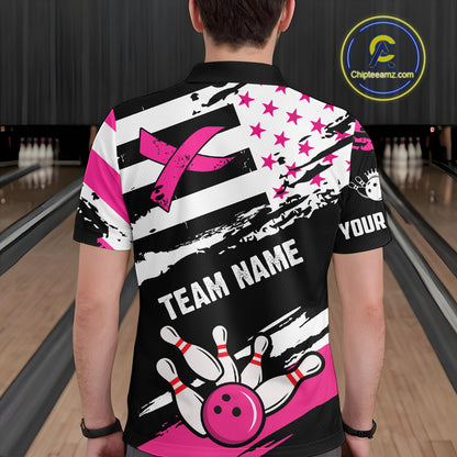 Breast Cancer Awareness American Flag Bowling Shirt For Men Custom Pink Ribbon Bowling Team Jersey TDM4655