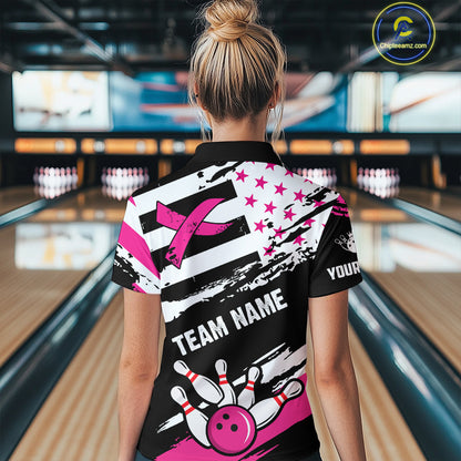 Breast Cancer Awareness American Flag Bowling Shirt For Women Custom Pink Ribbon Bowling Team Jersey TDM4655