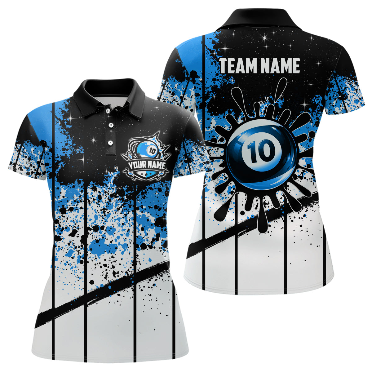 Personalized Billiard 10 Ball Grunge Style Women Polo Shirts, 10 Ball Pool Billiard Attire Jerseys TDM1137