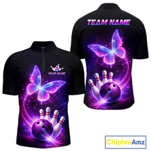 Load image into Gallery viewer, Black quarter zip shirt with butterfly and bowling design, customizable your name &amp; team name