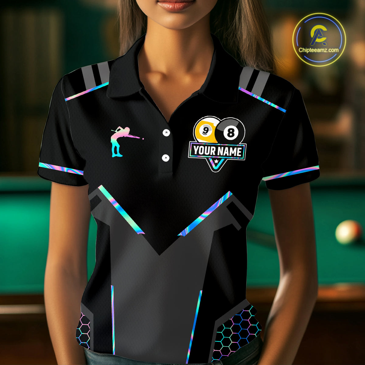 Personalized Holographic Billiard 8 Ball & 9 Ball Pool Polo, 1/4 Zip For Women, Billiard Team Jersey TDM4253