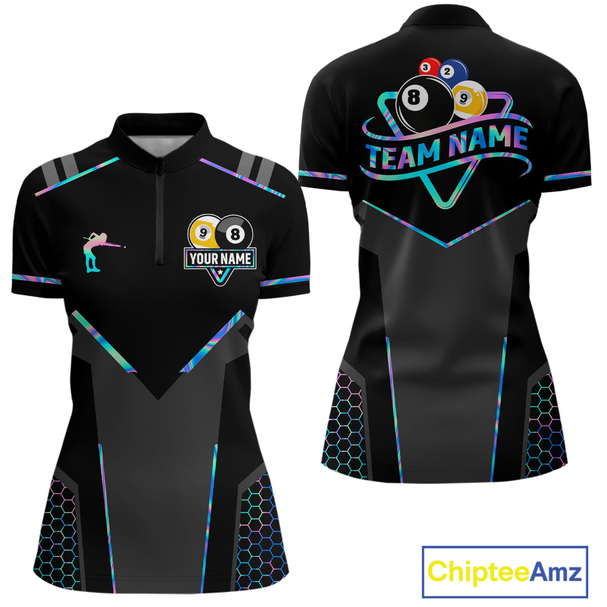 Personalized Holographic Billiard 8 Ball & 9 Ball Pool Polo, 1/4 Zip For Women, Billiard Team Jersey TDM4253