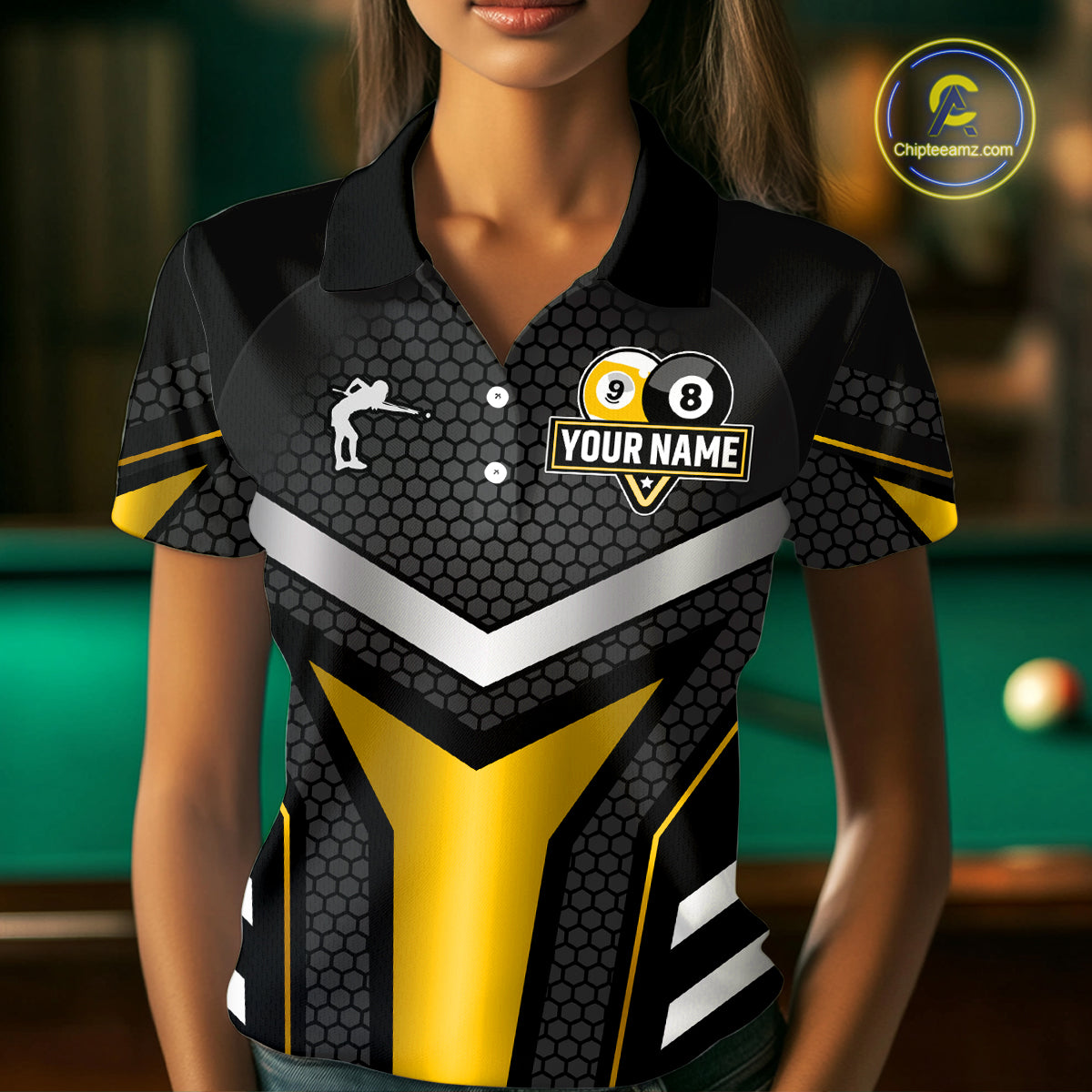 Personalized Billiard 8 Ball & 9 Ball Pool Polo, 1/4 Zip For Women Custom Team Billiard Jersey|Yellow TDM4255