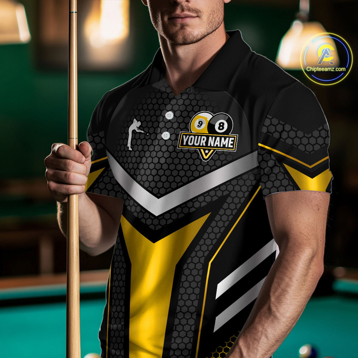 Personalized Billiard 8 Ball & 9 Ball Pool Polo, 1/4 Zip For Men Custom Team Billiard Jersey|Yellow TDM4255