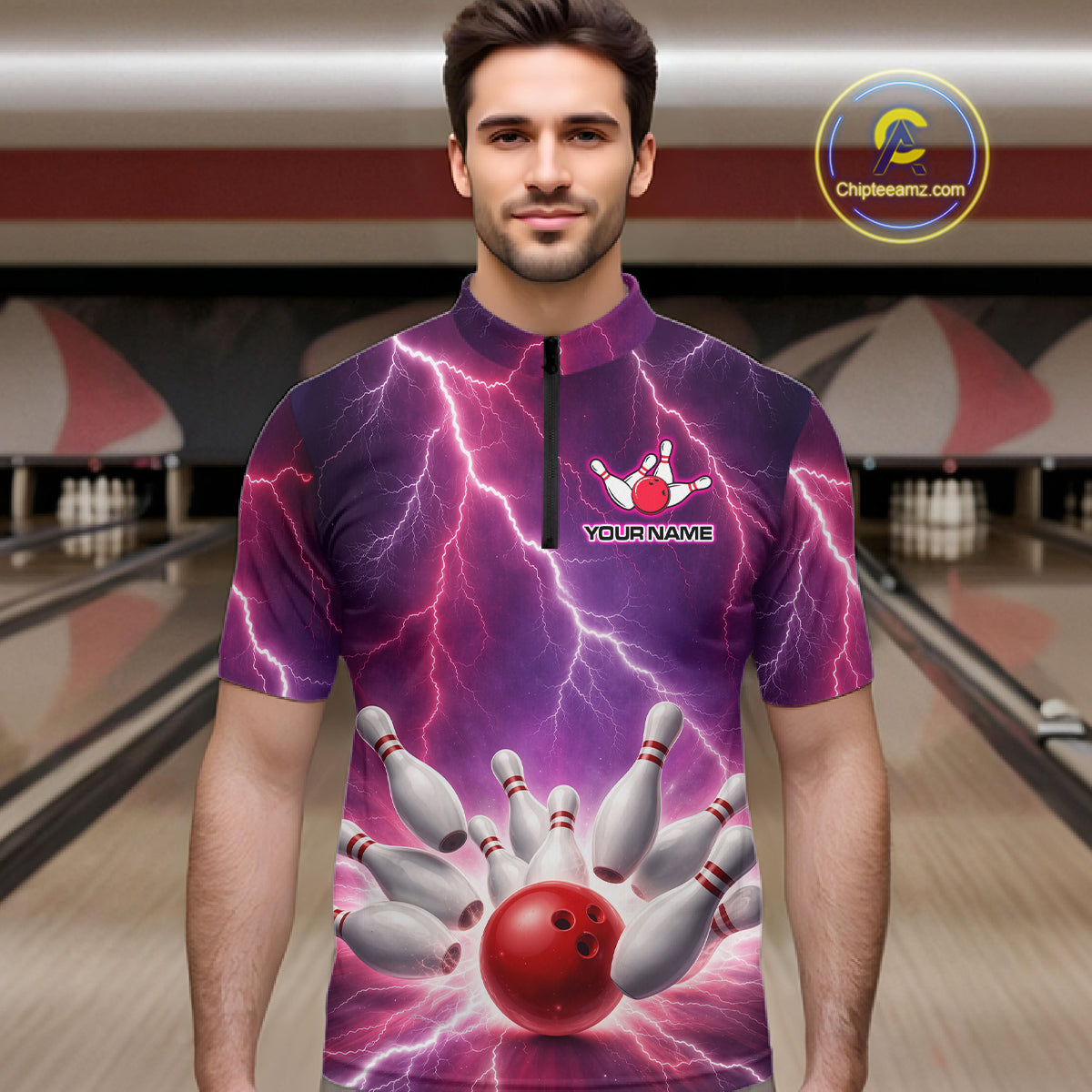 Custom Thunder Lightning Red & Purple Bowling Shirt For Men, Bowling Team Jersey Polo & 1/4 Zip TDM6189