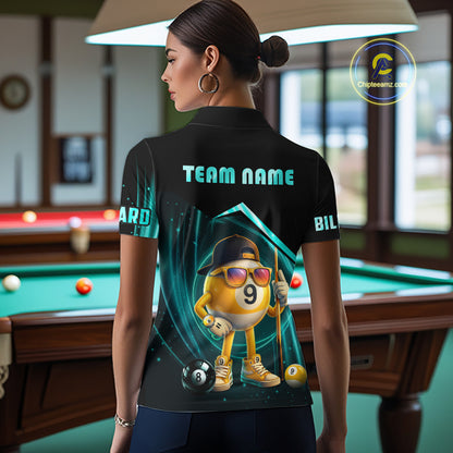 Turquoise Funny 9 Ball Pool Billiard Shirt For Women Custom Billiard Team Jersey Polo & 1/4 Zip TDM6615
