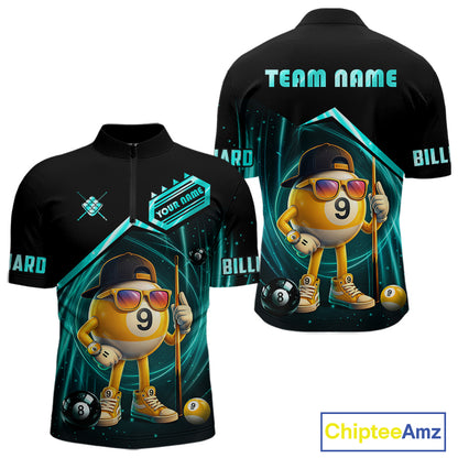 Black and turquoise billiard quarter zip shirt with funny 9 ball design, customizable your name & team name pool jersey for men