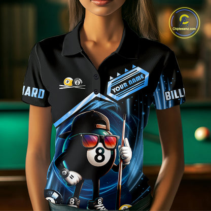Blue Funny 8 Ball & 9 Ball Pool Billiard Shirt For Women Custom Billiard Team Jersey Polo & 1/4 Zip TDM6616