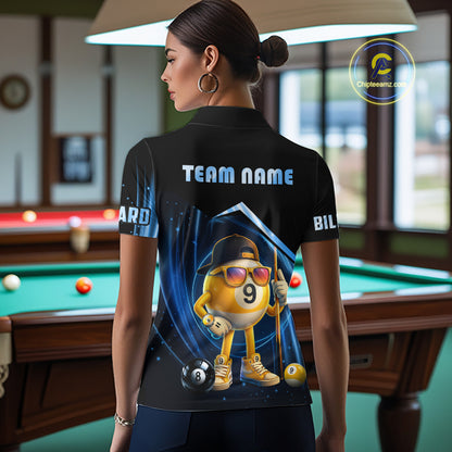 Blue Funny 8 Ball & 9 Ball Pool Billiard Shirt For Women Custom Billiard Team Jersey Polo & 1/4 Zip TDM6616