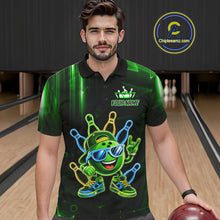 Load image into Gallery viewer, Man wearing a green funny neon bowling ball bowling polo shirt front view, custom bowling league jersey for men.