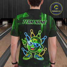 Load image into Gallery viewer, Back view of man wearing a green funny neon bowling ball bowling polo shirt, custom bowling team jersey design.