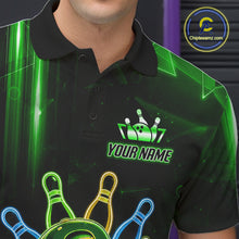 Load image into Gallery viewer, Close up of collar, chest and button details on a green funny neon bowling ball men's bowling polo shirt.