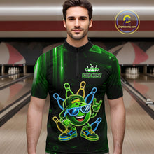 Load image into Gallery viewer, Man wearing a green funny neon bowling ball quarter zip bowling shirt front view, personalized bowling team apparel.