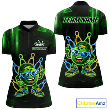 Load image into Gallery viewer, Green funny neon bowling ball quarter zip bowling shirt for women.
