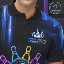 Load image into Gallery viewer, Close up of collar, chest and button details on a blue funny neon bowling ball men's bowling polo shirt.
