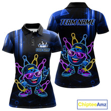 Load image into Gallery viewer, Blue funny neon bowling ball bowling team polo shirt for women with vibrant neon bowling graphics.