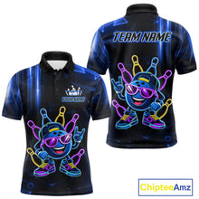 Load image into Gallery viewer, Blue funny neon bowling ball bowling team polo shirt for men with vibrant neon bowling graphics.