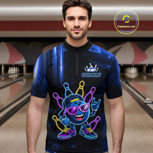 Load image into Gallery viewer, Man wearing a blue funny neon bowling ball quarter zip bowling shirt front view, personalized bowling team apparel.