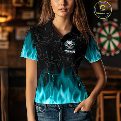 Fire Flame Skull Darts Polo & Quarter Zip Custom Darts Shirts For Women, Darts Team Jersey|Turquoise TDM5320
