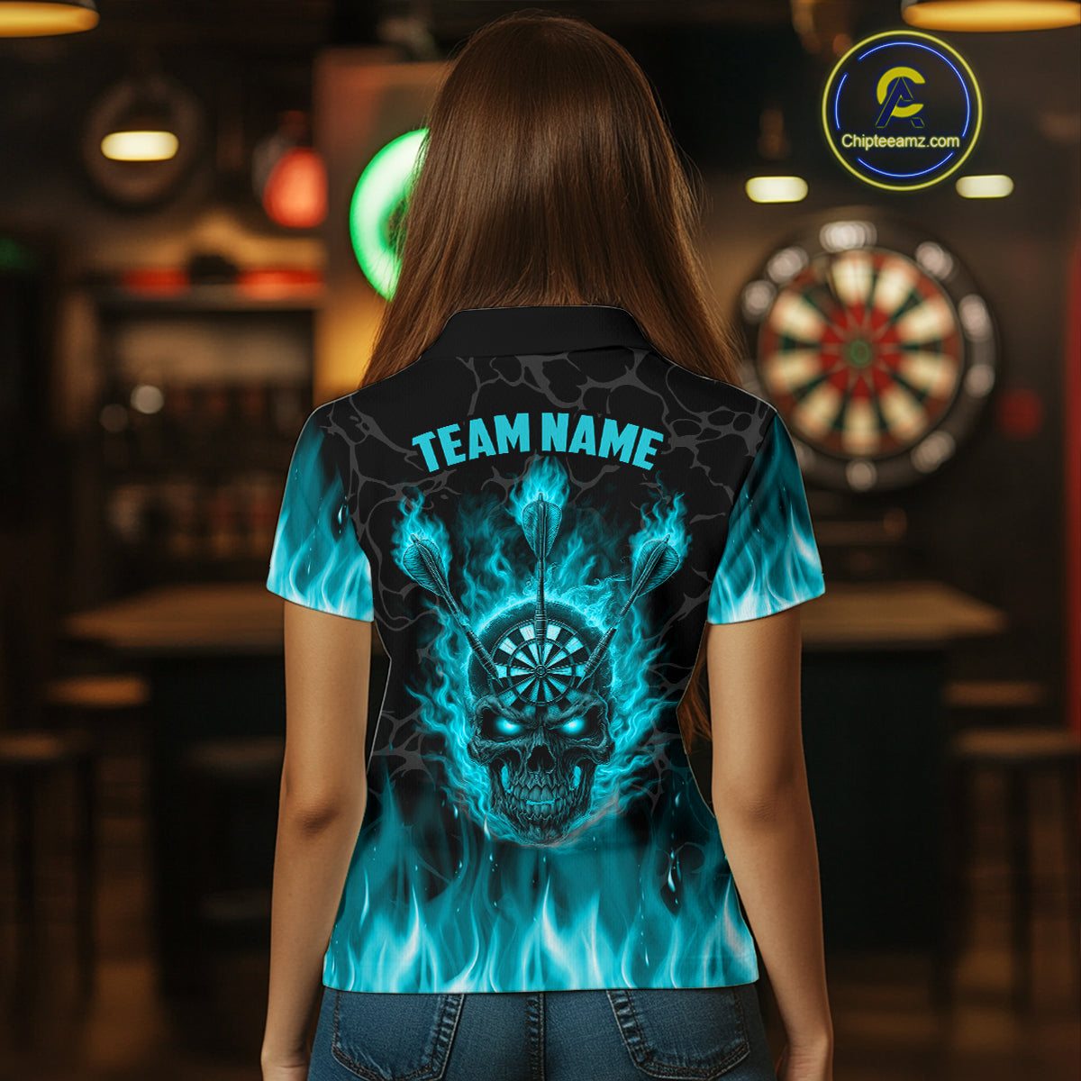 Fire Flame Skull Darts Polo & Quarter Zip Custom Darts Shirts For Women, Darts Team Jersey|Turquoise TDM5320