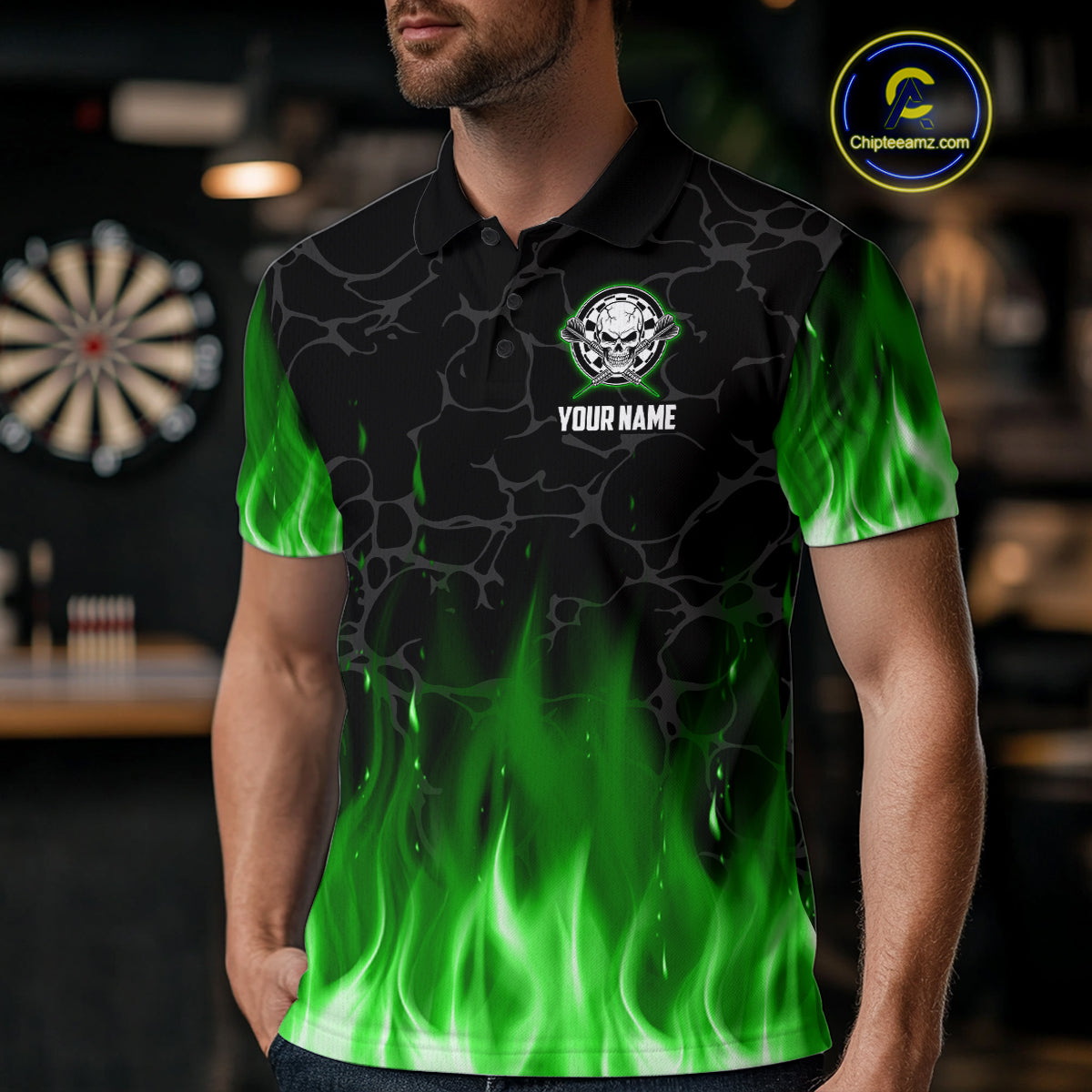 Fire Flame Skull Darts Polo & Quarter Zip Custom Darts Shirts For Men, Darts Team Jersey|Green TDM5321