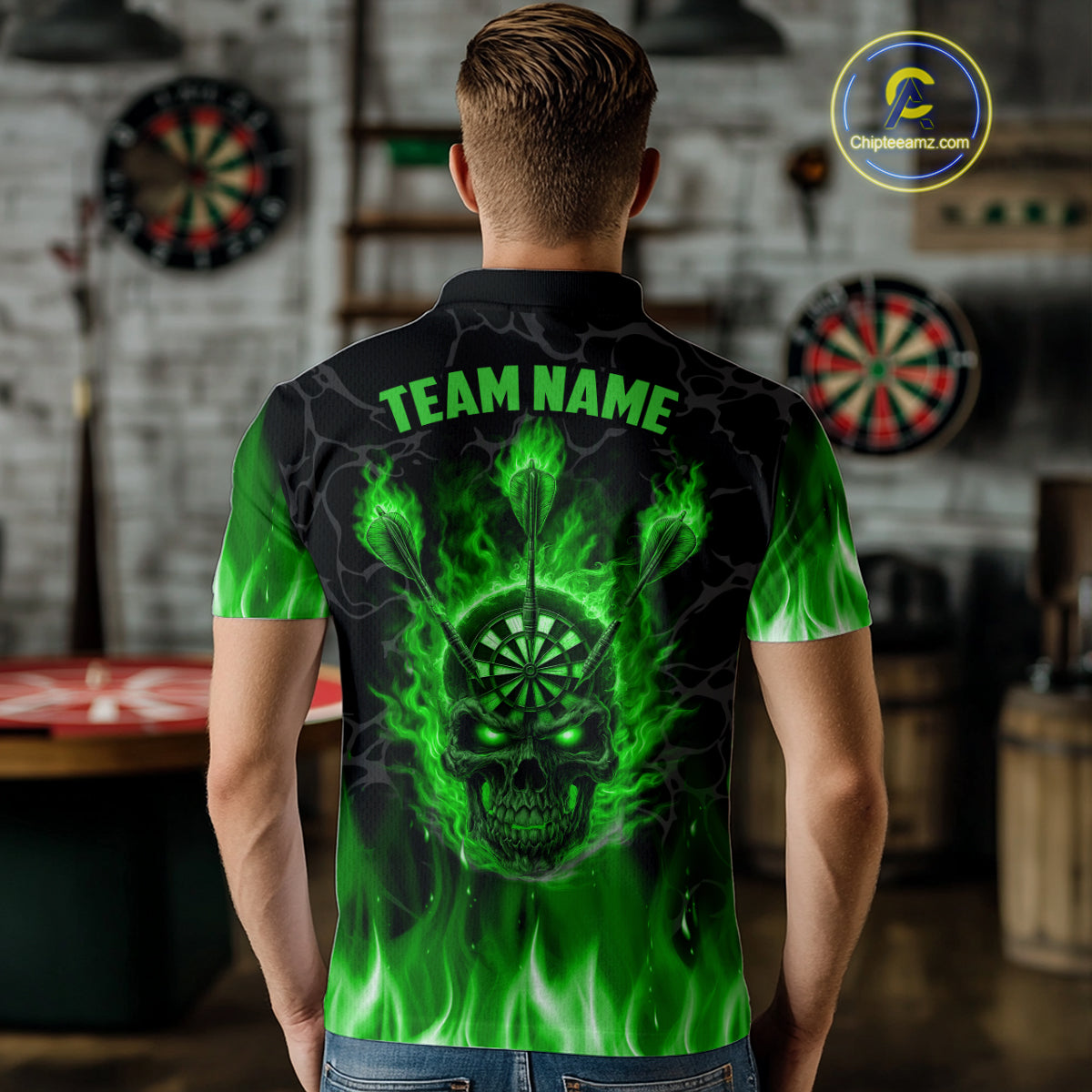 Fire Flame Skull Darts Polo & Quarter Zip Custom Darts Shirts For Men, Darts Team Jersey|Green TDM5321