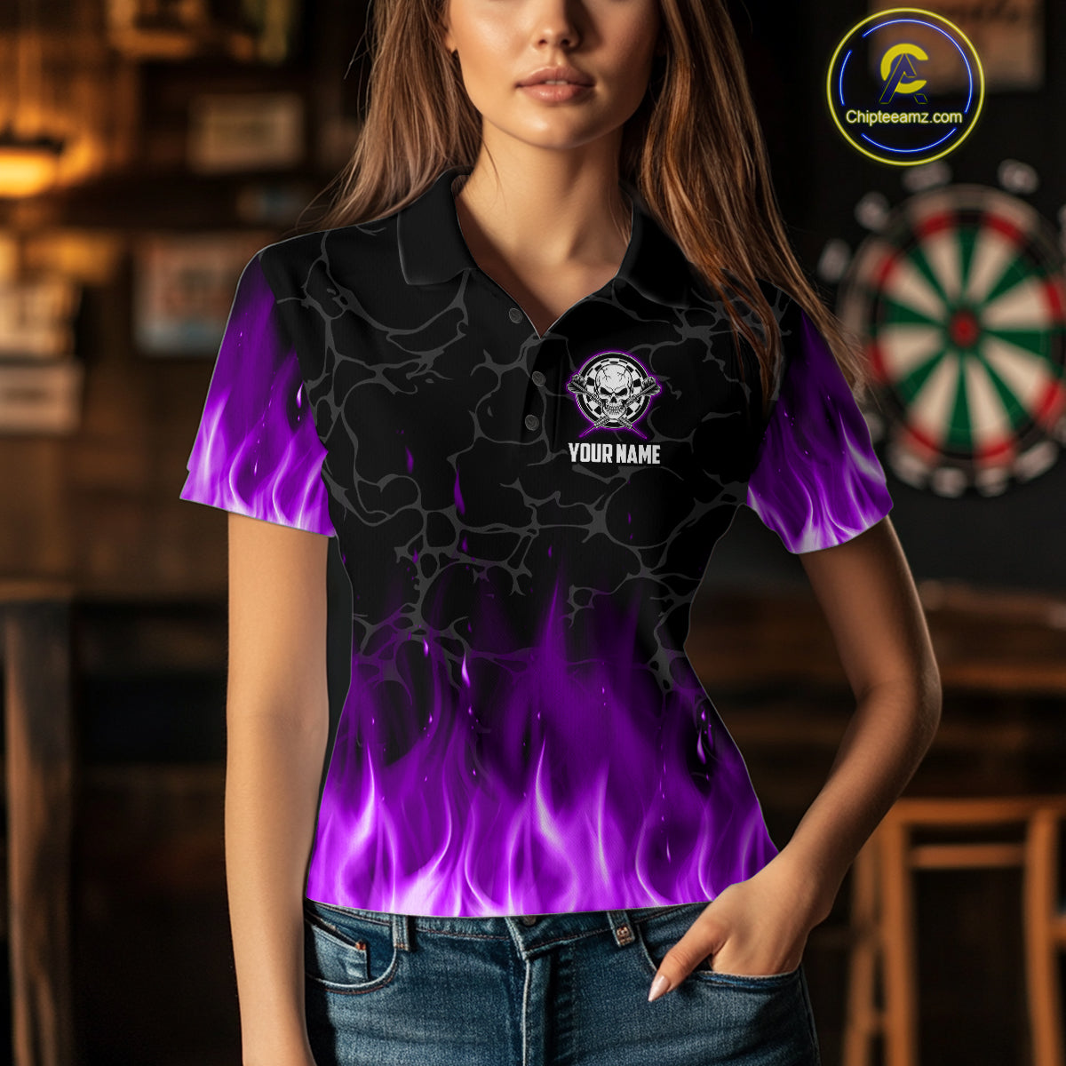 Fire Flame Skull Darts Polo & Quarter Zip Custom Darts Shirts For Women, Darts Team Jersey|Purple TDM5322