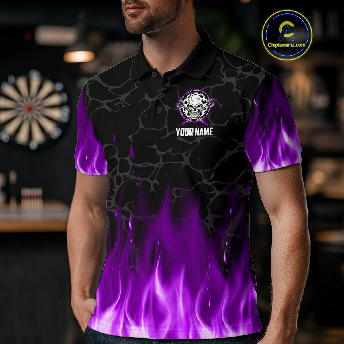 Fire Flame Skull Darts Polo & Quarter Zip Custom Darts Shirts For Men, Darts Team Jersey|Purple TDM5322