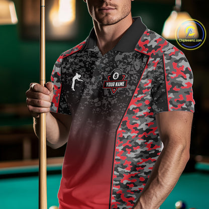 Red Camo 8 Ball Billiard Shirt For Men Custom Pool Team Shirt, Billiard Jersey Polo & 1/4 Zip TDM6200