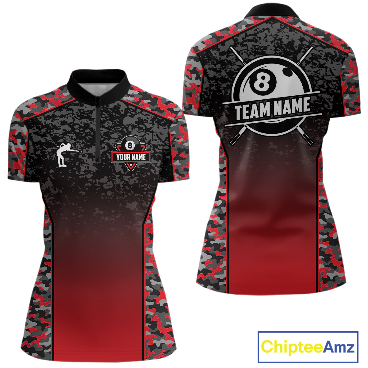Red Camo 8 Ball Billiard Shirt For Women Custom Pool Team Shirt, Billiard Jersey Polo & 1/4 Zip TDM6200