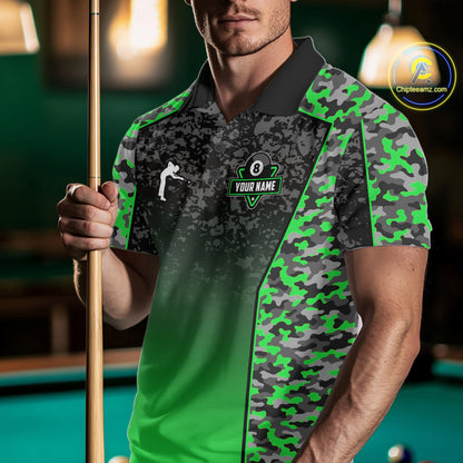 Green Camo 8 Ball Billiard Shirt For Men Custom Pool Team Shirt, Billiard Jersey Polo & 1/4 Zip TDM6201