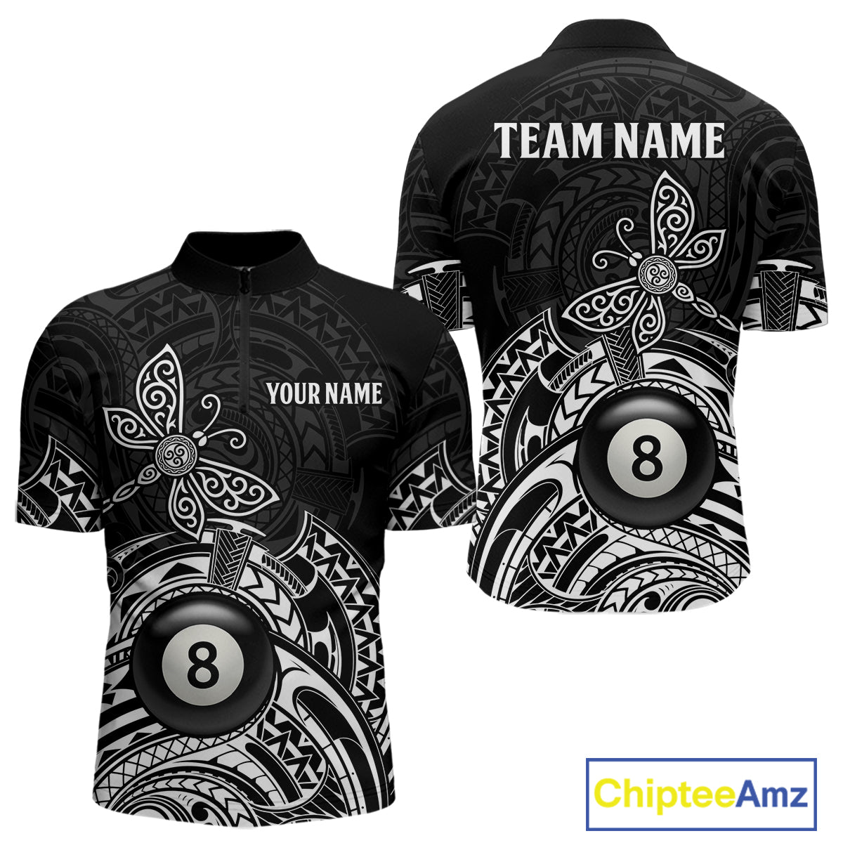 Custom White Black Tribal Dragonfly Billiard Shirts For Men | 8 Ball Pool Team Jerseys TDM4689