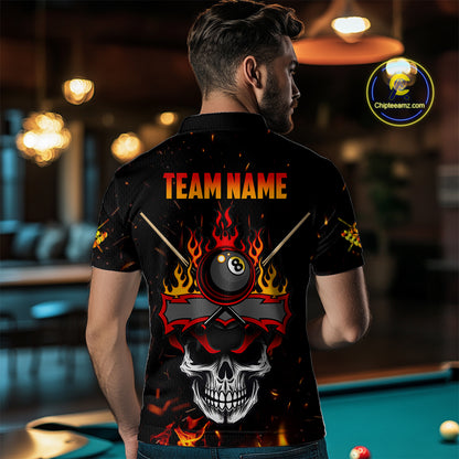 Personalized Fire Flame Skull American Flag Billiard Shirts For Men, 8 Ball Pool Billiard Jerseys TDM3340