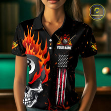 Load image into Gallery viewer, Personalized Fire Flame Skull American Flag Billiard Shirts For Women, 8 Ball Pool Billiard Jerseys TDM3340