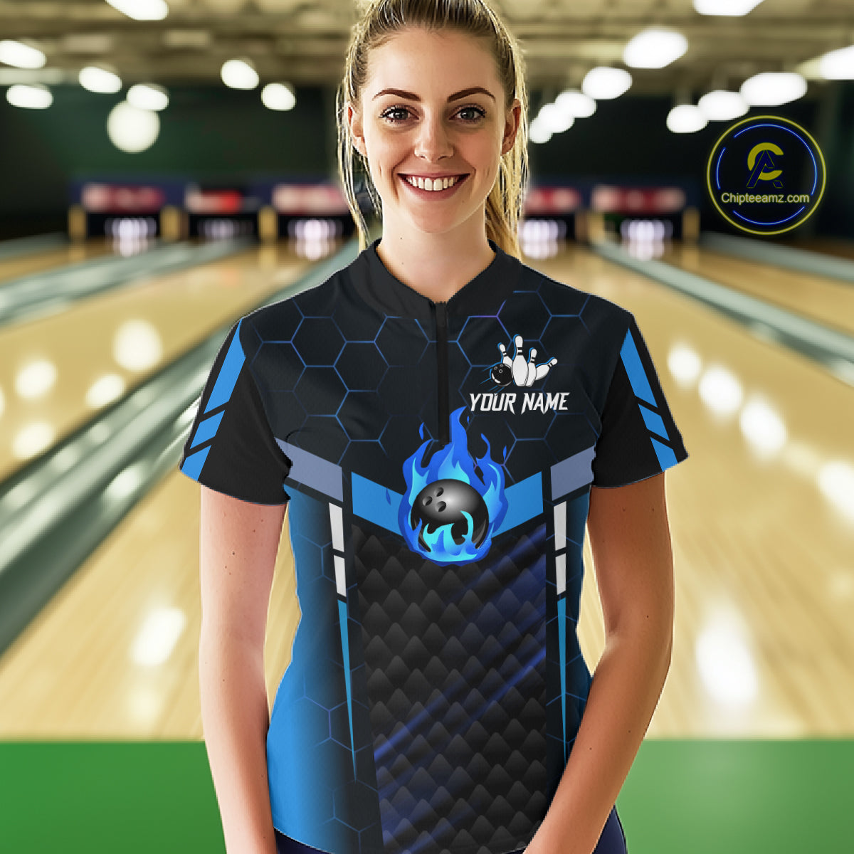 Black And Blue Bowling Jersey For Women Custom Flame Bowling Shirt Team Polo & Quarter Zip TDM5823