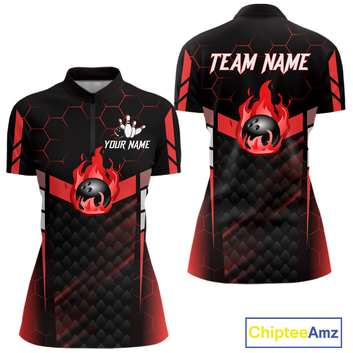 Black And Red Bowling Jersey For Women Custom Flame Bowling Shirt Team Polo & Quarter Zip TDM5824