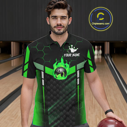 Black And Green Bowling Jersey For Men Custom Flame Bowling Shirt Team Polo & Quarter Zip TDM5825