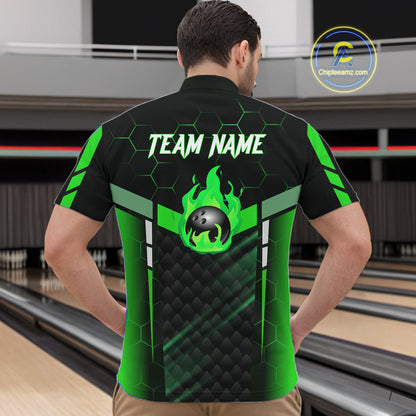 Black And Green Bowling Jersey For Men Custom Flame Bowling Shirt Team Polo & Quarter Zip TDM5825