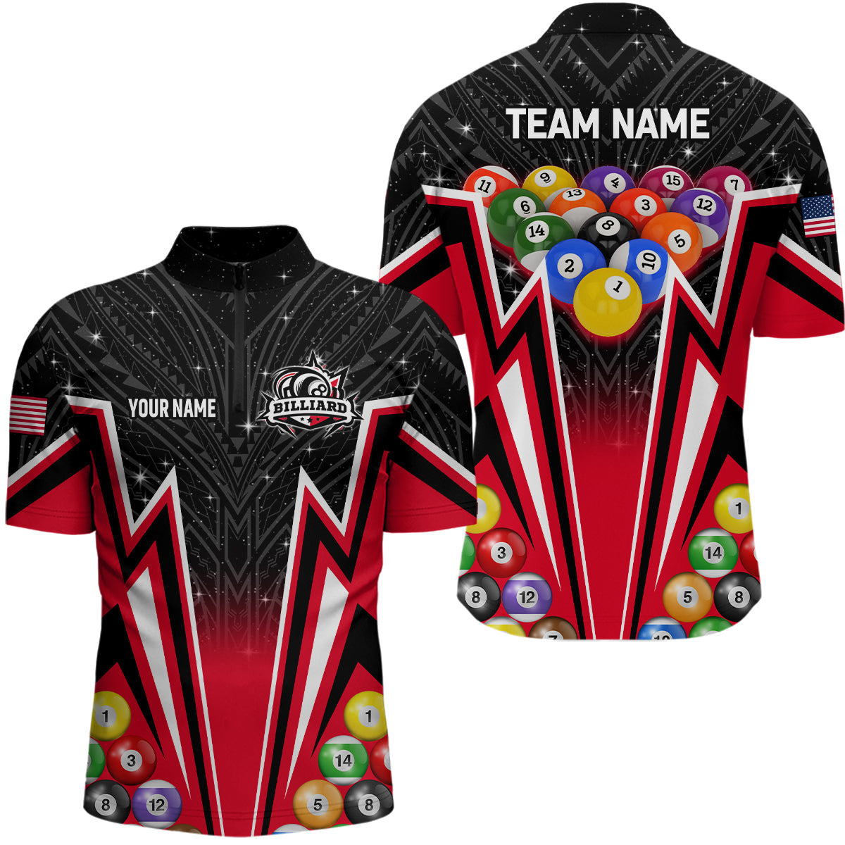 Custom Red 3D 8 Ball Billiard Jersey Men Quarter-Zip 8 Ball Pool Team League Billiard Shirt TDM1151