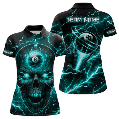 Personalized Skull Billiard Polo Shirts For Women Custom Name 8 Ball Pool Billiard Jerseys |Turquoise TDM1533