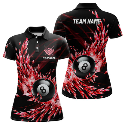 3D Red Frozen Ice Custom Women Billiard Polo & Quarter-Zip Shirts, 8 Ball Pool Billiard Attire Jersey TDM1705