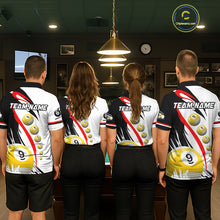 Load image into Gallery viewer, Back view of pool team wearing matching red 8 ball and 9 ball billiard shirts.