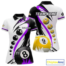 Load image into Gallery viewer, Personalized purple 8 ball and 9 ball custom billiard polo shirt for women, billiard team jersey.